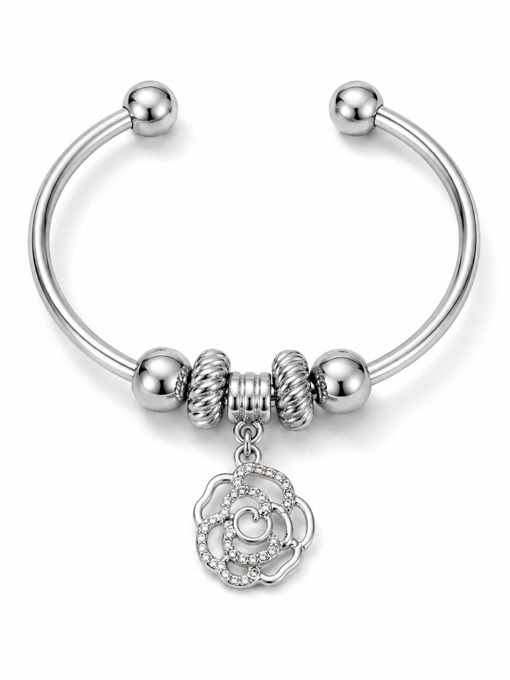 Silver Open Cuff Bangle Bracelet with Crystal Rose Charm Beads